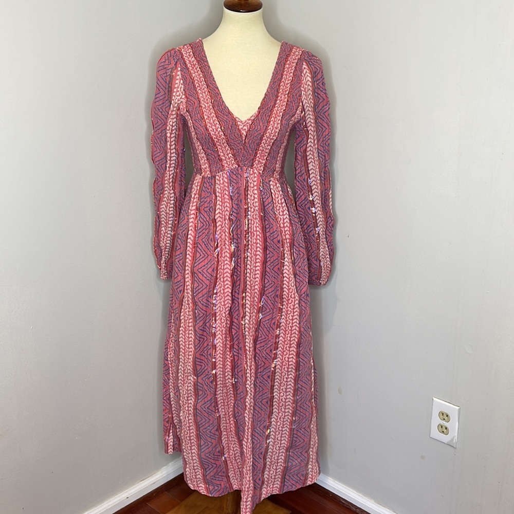 Warm Pink Smocked Striped Maxi Dress 1‎